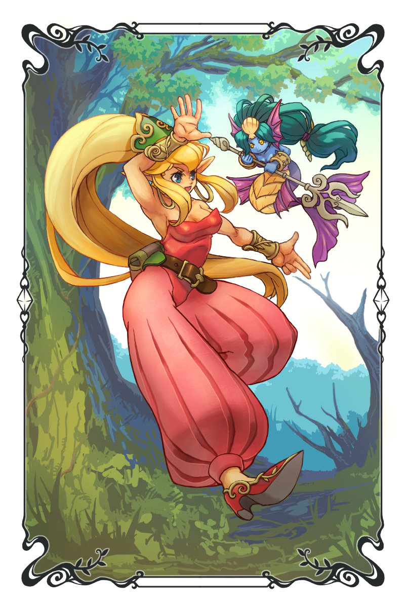 torashiro eiji, primm (seiken densetsu 2), undine, undine (seiken densetsu), seiken densetsu, seiken densetsu 2, highres, 2girls, belt, blonde hair, blue skin, colored skin, fins, green eyes, green hair, head fins, high heels, jumping, long hair, multiple girls, nature, pointy ears, polearm, ponytail, shoes, smile, spear, tree, trident, very long hair, weapon, yellow eyes