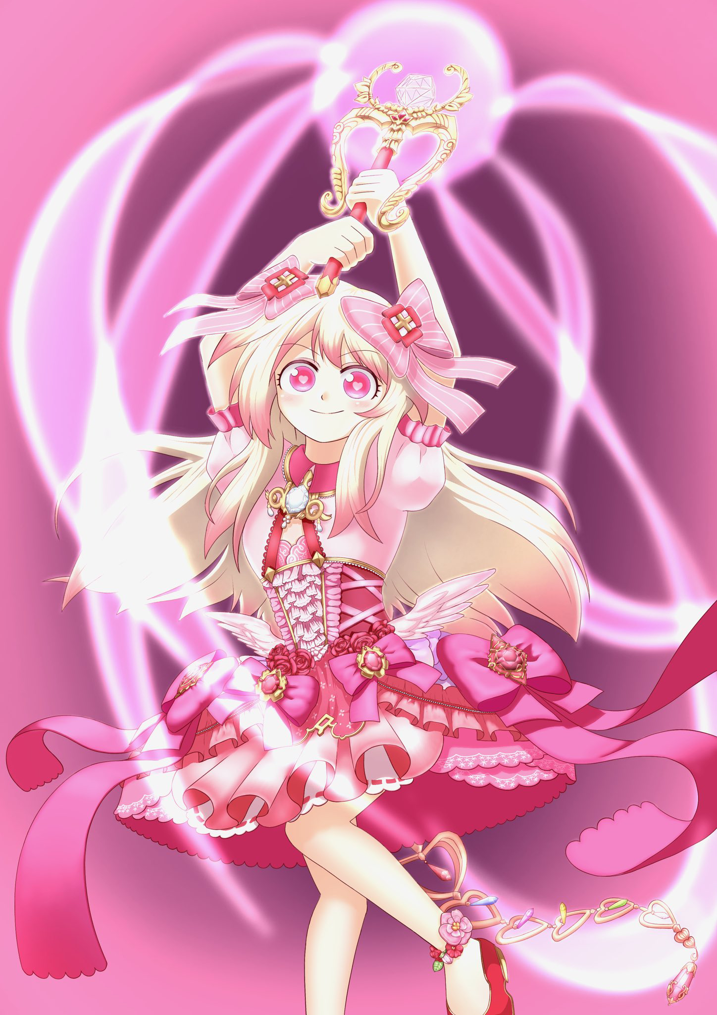 edgar0ekaki, chaos marie (grimms notes), grimms notes, highres, 1girl, arms up, blonde hair, holding, holding wand, long hair, looking at viewer, pink eyes, solo, wand