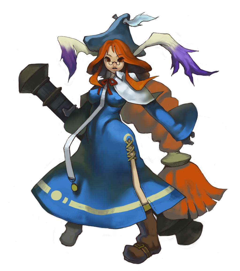 pisudori, momo (breath of fire), breath of fire, breath of fire iii, bad id, bad pixiv id, 1girl, animal ears, breasts, covered erect nipples, female focus, glasses, hat, long hair, m1 bazooka, medium breasts, rabbit ears, red eyes, red hair, robe, rocket launcher, solo, very long hair, weapon