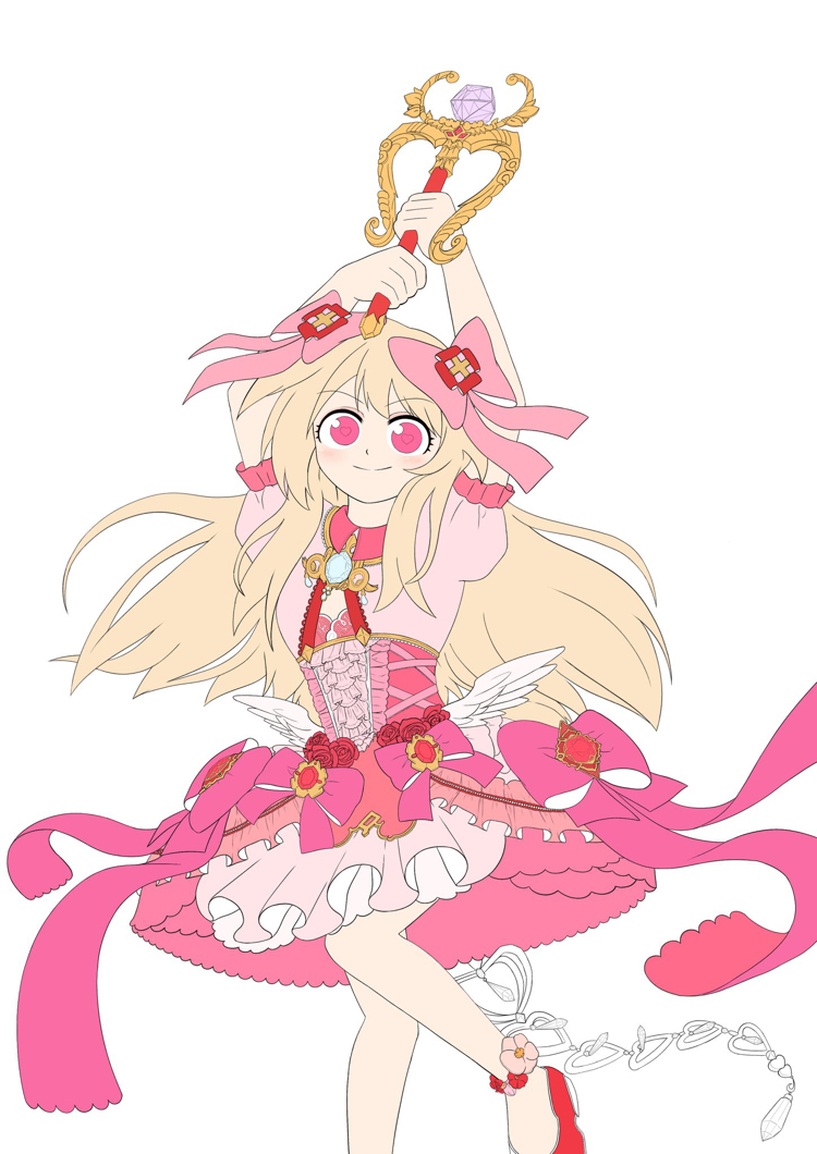 edgar0ekaki, chaos marie (grimms notes), grimms notes, unfinished, 1girl, arms up, blonde hair, holding, holding wand, long hair, looking at viewer, pink eyes, solo, wand