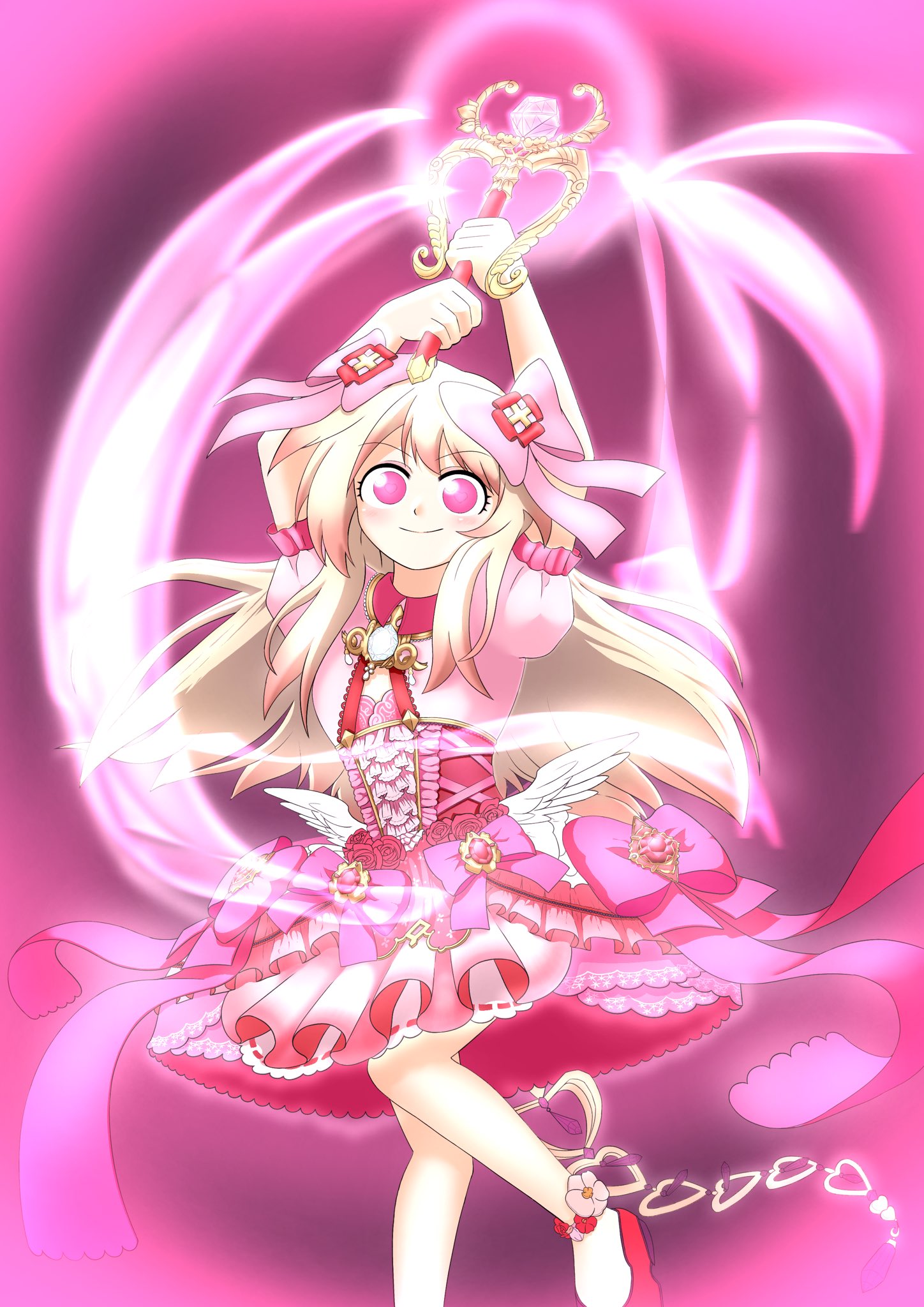 edgar0ekaki, chaos marie (grimms notes), grimms notes, highres, unfinished, 1girl, arms up, blonde hair, holding, holding wand, long hair, looking at viewer, pink eyes, solo, wand