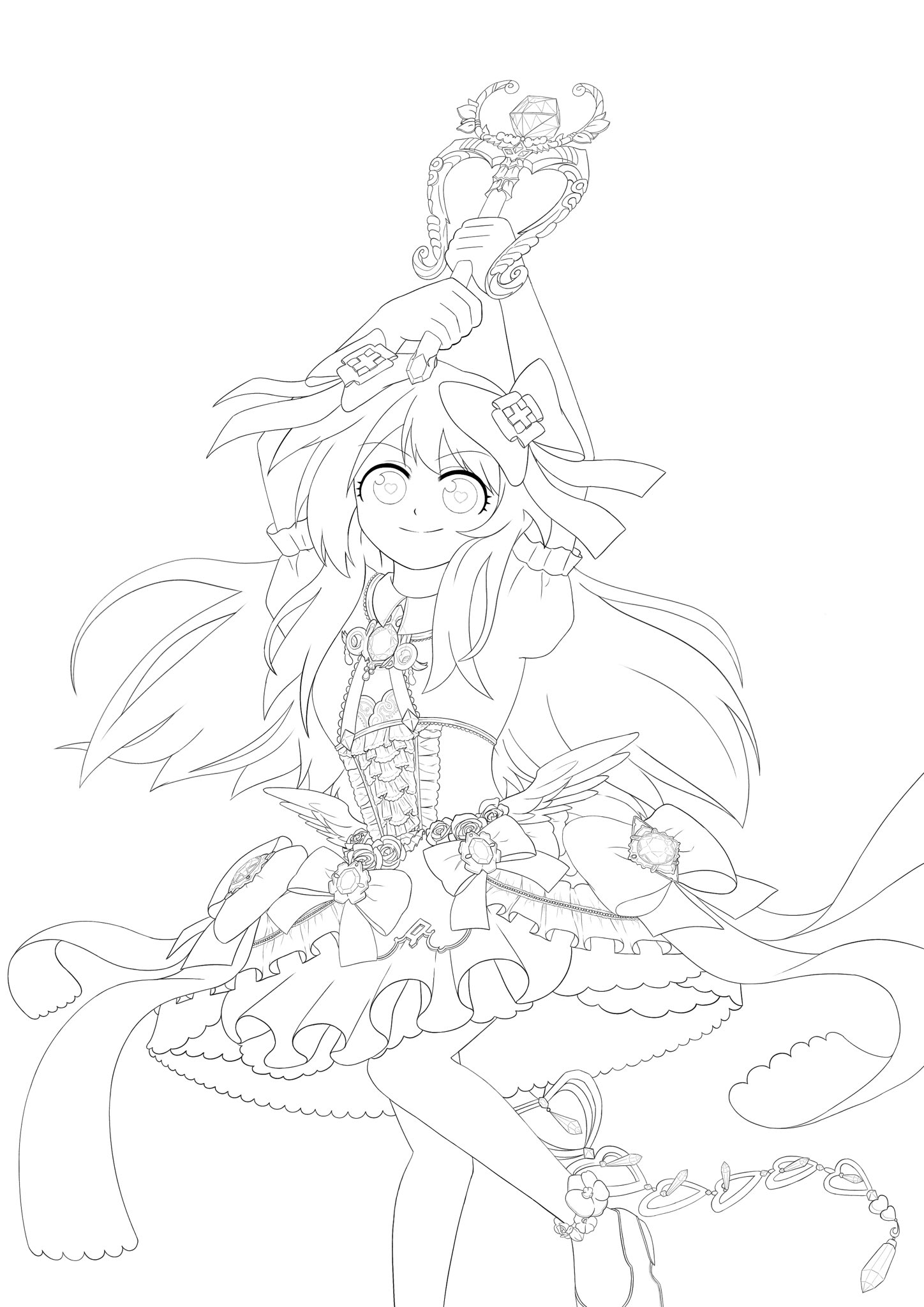 edgar0ekaki, chaos marie (grimms notes), grimms notes, bad id, bad twitter id, highres, unfinished, 1girl, arms up, holding, holding wand, long hair, looking at viewer, monochrome, sketch, solo, wand