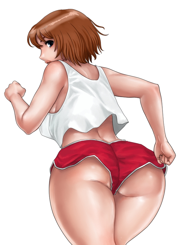 matoyama, 1girl, ass, back, blue eyes, brown hair, curvy, female focus, from behind, huge ass, looking back, running, short hair, shorts, simple background, solo, sportswear