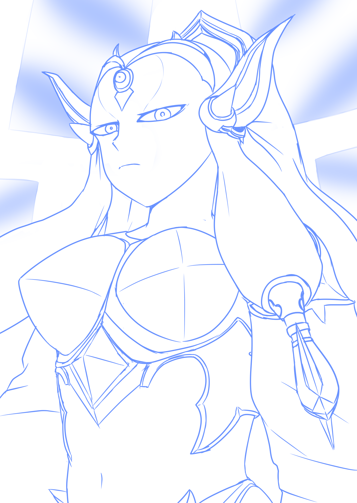 notogoro, mirror plate fiend (grimms notes), grimms notes, highres, 1girl, breasts, closed mouth, detached sleeves, horns, large breasts, lineart, long hair, looking at viewer, monochrome, navel, solo, upper body, very long hair