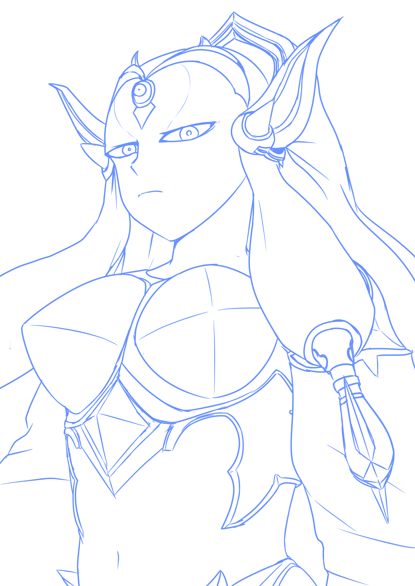 notogoro, mirror plate fiend (grimms notes), grimms notes, highres, breasts, closed mouth, detached sleeves, horns, large breasts, lineart, long hair, looking at viewer, monochrome, navel, upper body, very long hair