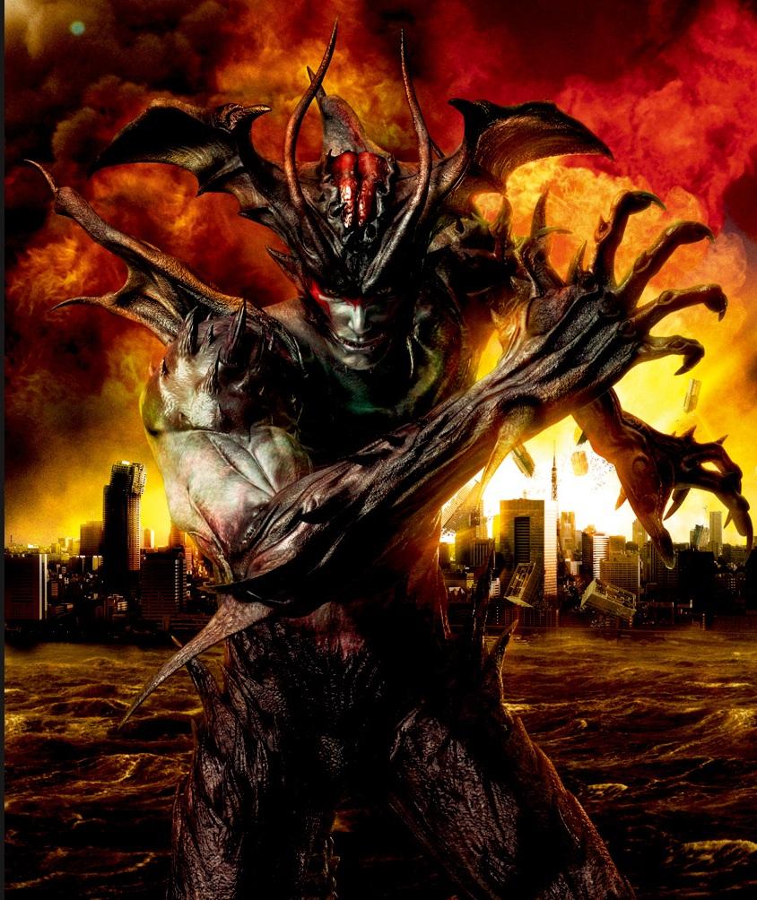 fudou akira, devilman, city, fire, horns, monster, pointy ears