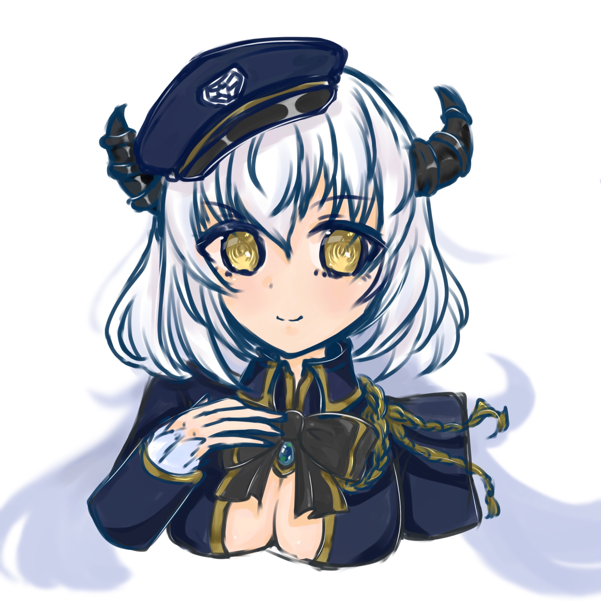mir inverno (gakuen) (grimms notes), mir inverno (grimms notes), grimms notes, grimms notes gakuen, highres, 1girl, blue hat, breasts, cropped torso, grey hair, hand up, hat, horns, long hair, madwudaitai, solo, white background
