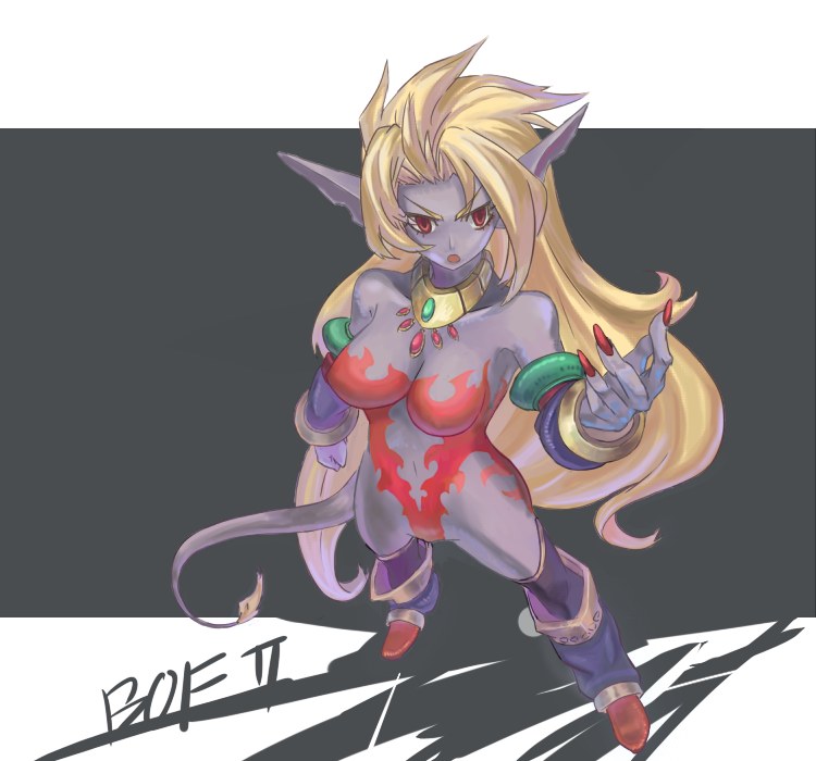 sumith, katt (breath of fire), breath of fire, breath of fire ii, capcom, bad id, bad pixiv id, 1girl, animal ears, blonde hair, boots, breasts, colored skin, female focus, gloves, jewelry, knee boots, large breasts, necklace, nude, pointy ears, purple skin, red eyes, solo, tail