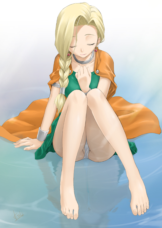 mitarashi kousei, bianca (dq5), dragon quest, dragon quest v, 1girl, armband, barefoot, blonde hair, braid, cape, choker, closed eyes, earrings, feet, female focus, hair over shoulder, jewelry, legs, long hair, panties, pantyshot, ponytail, reflection, reflective water, side braid, sitting, solo, spread legs, underwear, water, white panties