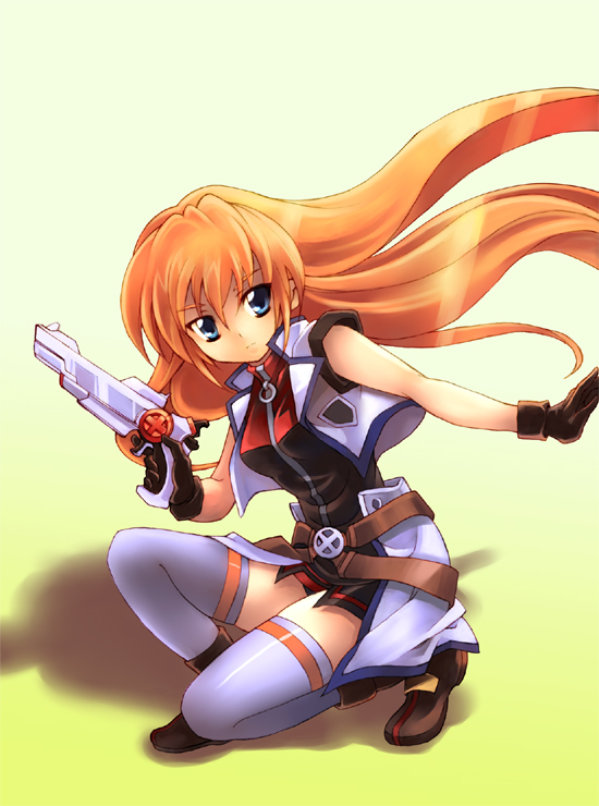 kouno hikaru, cross mirage, teana lanster, lyrical nanoha, mahou shoujo lyrical nanoha, mahou shoujo lyrical nanoha strikers, bad id, bad pixiv id, 00s, 1girl, blue eyes, female focus, gloves, gun, handgun, long hair, orange hair, pistol, solo, thighhighs, weapon, zettai ryouiki