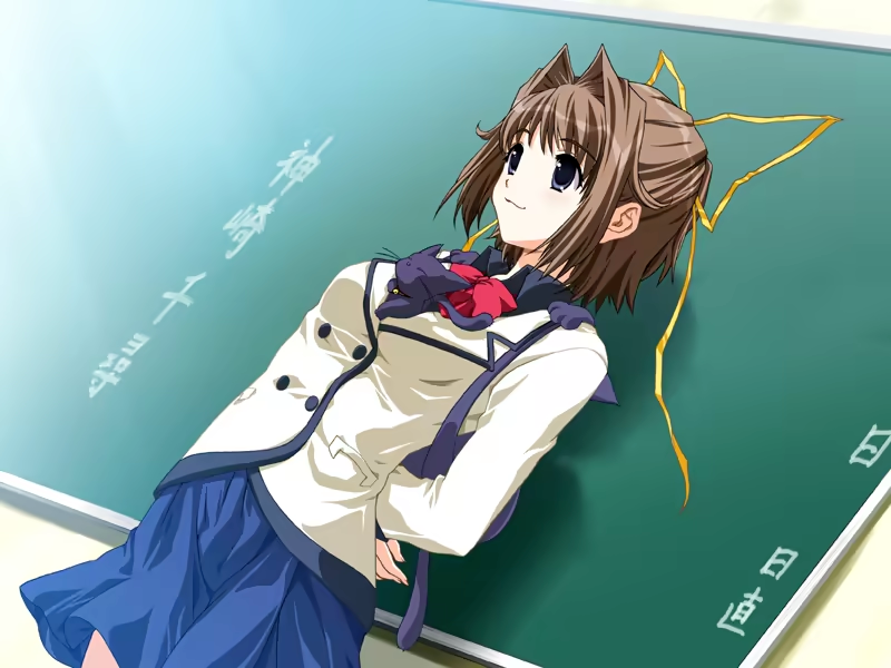 kanno touko, kanzaki chihiro, doko e iku no ano hi, game cg, non-web source, 1girl, arm behind back, black eyes, brown hair, cat, chalkboard, closed mouth, dutch angle, ribbon, school uniform, short hair, skirt, yellow ribbon