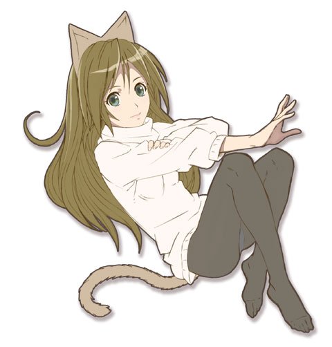 fukukitaru, original, 1girl, animal ears, brown hair, feet, female focus, long hair, pantyhose, sleeves pushed up, solo, sweater, tail, toes