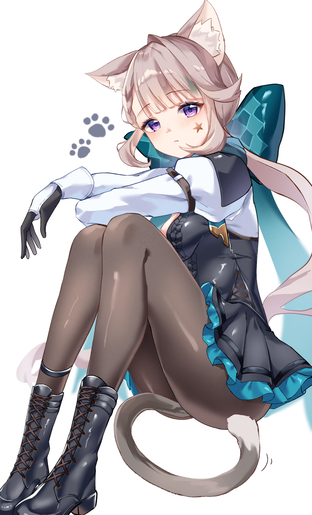 makaroni (makaroni kana), lynette (genshin impact), genshin impact, commentary, highres, symbol-only commentary, 1girl, animal ear fluff, animal ears, black boots, black dress, black gloves, black pantyhose, blue bow, boots, bow, breasts, cat ears, cat girl, cat tail, dress, facial mark, feet out of frame, from side, frown, gloves, huge bow, invisible chair, knees up, light blush, long sleeves, looking at viewer, medium breasts, pantyhose, paw print, purple eyes, sitting, solo, star (symbol), star facial mark, tail, white background