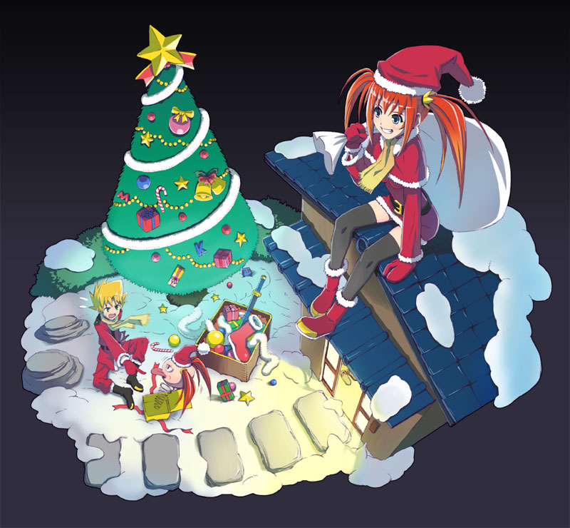 fukukitaru, bad id, bad pixiv id, christmas, christmas tree, gift, hat, orange hair, santa costume, santa hat, snow, thighhighs, twintails