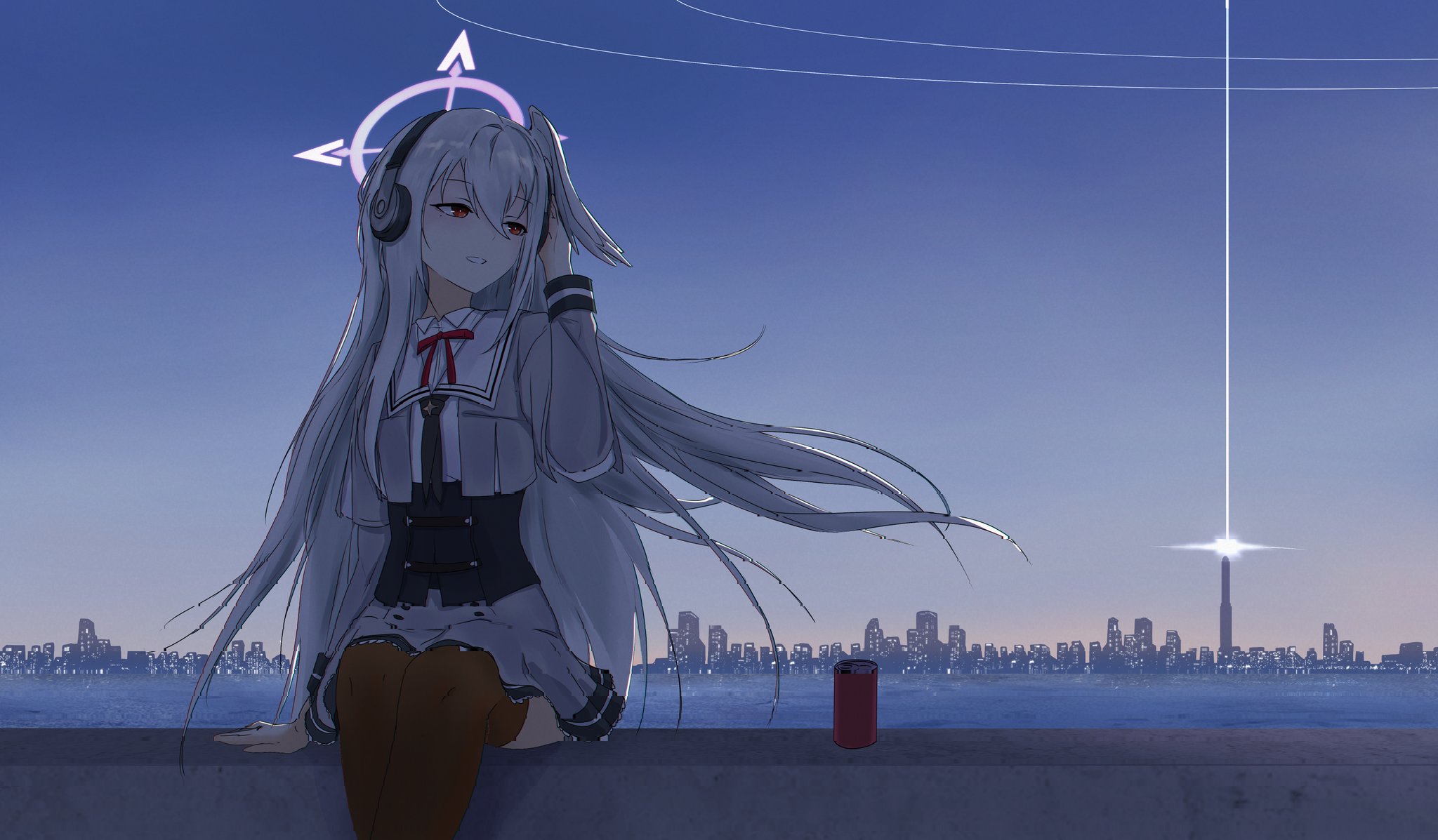 suzumi (blue archive), blue archive, highres, 1girl, black corset, brown thighhighs, bumbum ui, can, city, collared dress, corset, dress, feet out of frame, grey dress, grey hair, grey serafuku, grey wings, hair between eyes, halo, head wings, light smile, long hair, long sleeves, looking to the side, open mouth, outdoors, purple halo, red eyes, red ribbon, ribbon, sailor dress, school uniform, serafuku, single head wing, single wing, sitting, skirt, solo, teeth, thighhighs, wings