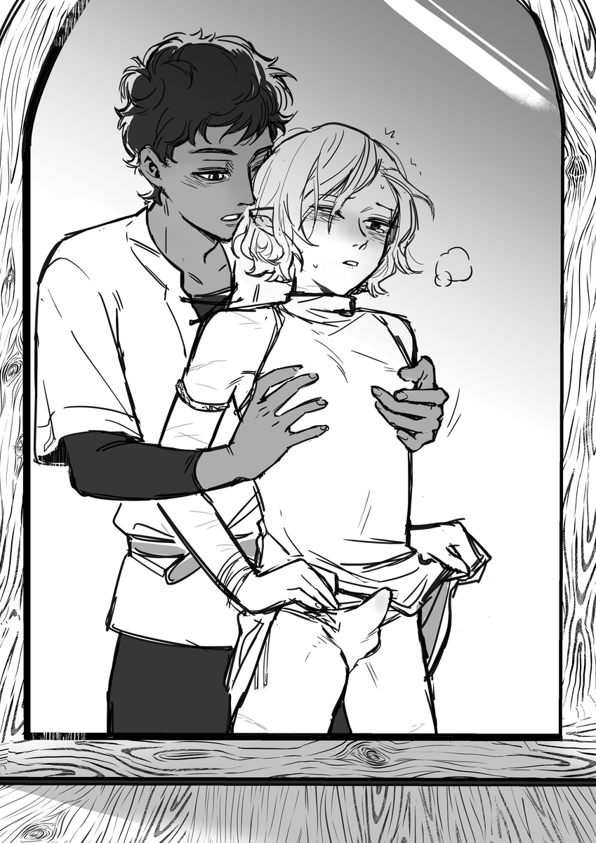 komuchi, kabru, mithrun, dungeon meshi, highres, bags under eyes, black hair, blush, bulge, curly hair, dark-skinned male, dark skin, dress, erection, erection under clothes, from behind, monochrome, nipple stimulation, notched ear, scar, sleeveless, sleeveless dress, smelling, smelling hair, white hair