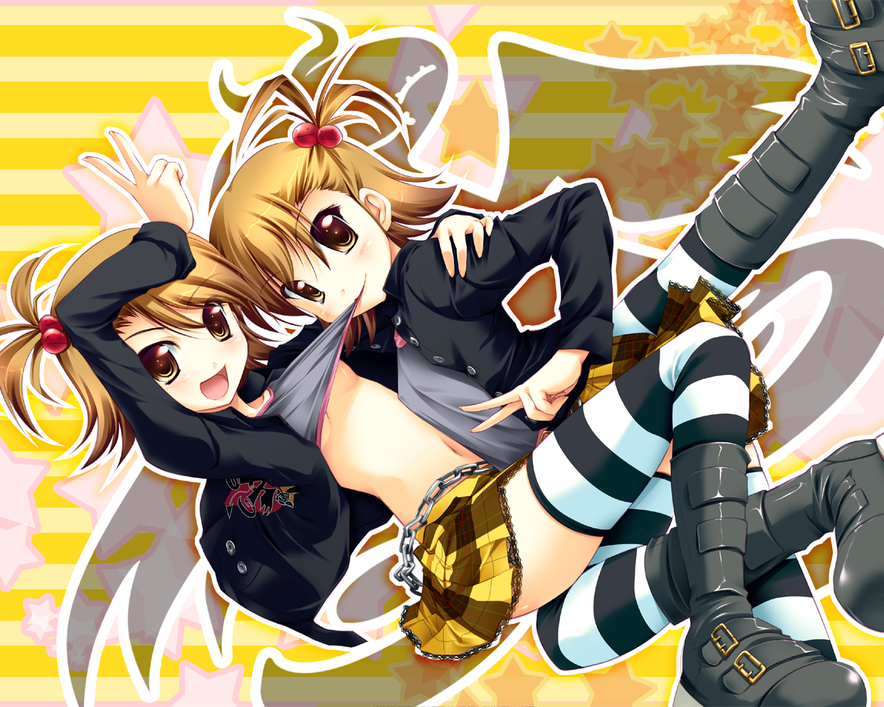 kamishiro mai (artist), kamishiro mai (capti-no), futami ami, futami mami, idolmaster, idolmaster (classic), striped legwear, 00s, 2girls, boots, brown eyes, brown hair, clothes lift, midriff, mouth hold, multiple girls, navel, ponytail, punkish gothic, shirt lift, short hair, siblings, side ponytail, sisters, skirt, striped clothes, striped thighhighs, thighhighs, twins, v, zettai ryouiki