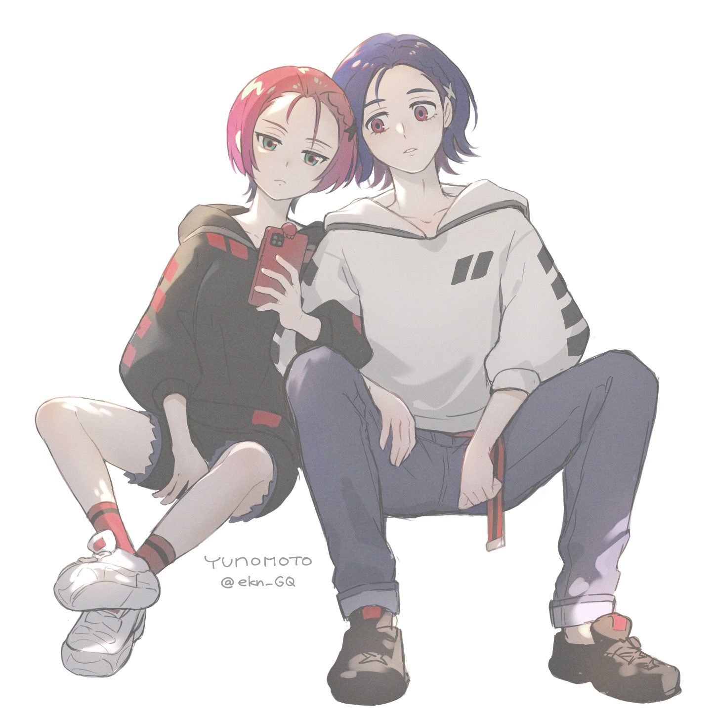 amate yuzuriha, shuji ito, gundam, gundam gquuuuuux, commentary request, highres, 1boy, 1girl, alternate hairstyle, aqua eyes, artist name, belt, black hoodie, black shoes, black shorts, blue hair, blue pants, cellphone, colored inner hair, cutoffs, denim, denim shorts, ekn gq, hair ornament, hairpin, heads together, holding, holding phone, hood, hoodie, jeans, jitome, locked arms, looking at phone, matching hairstyle, matching outfits, multicolored hair, pants, phone, red belt, red hair, shoes, short hair, shorts, simple background, sitting, smartphone, sneakers, twitter username, two-tone hair, white background, white hoodie, white shoes