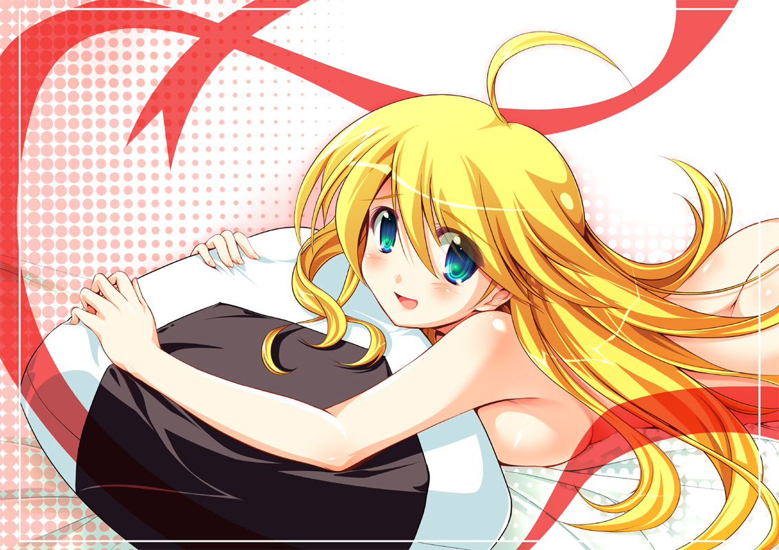 kamishiro mai (artist), kamishiro mai (capti-no), hoshii miki, idolmaster, idolmaster (classic), idolmaster 1, 00s, 1girl, ahoge, ass, blonde hair, blue eyes, breast press, breasts, butt crack, female focus, food, long hair, lying, on stomach, onigiri, solo