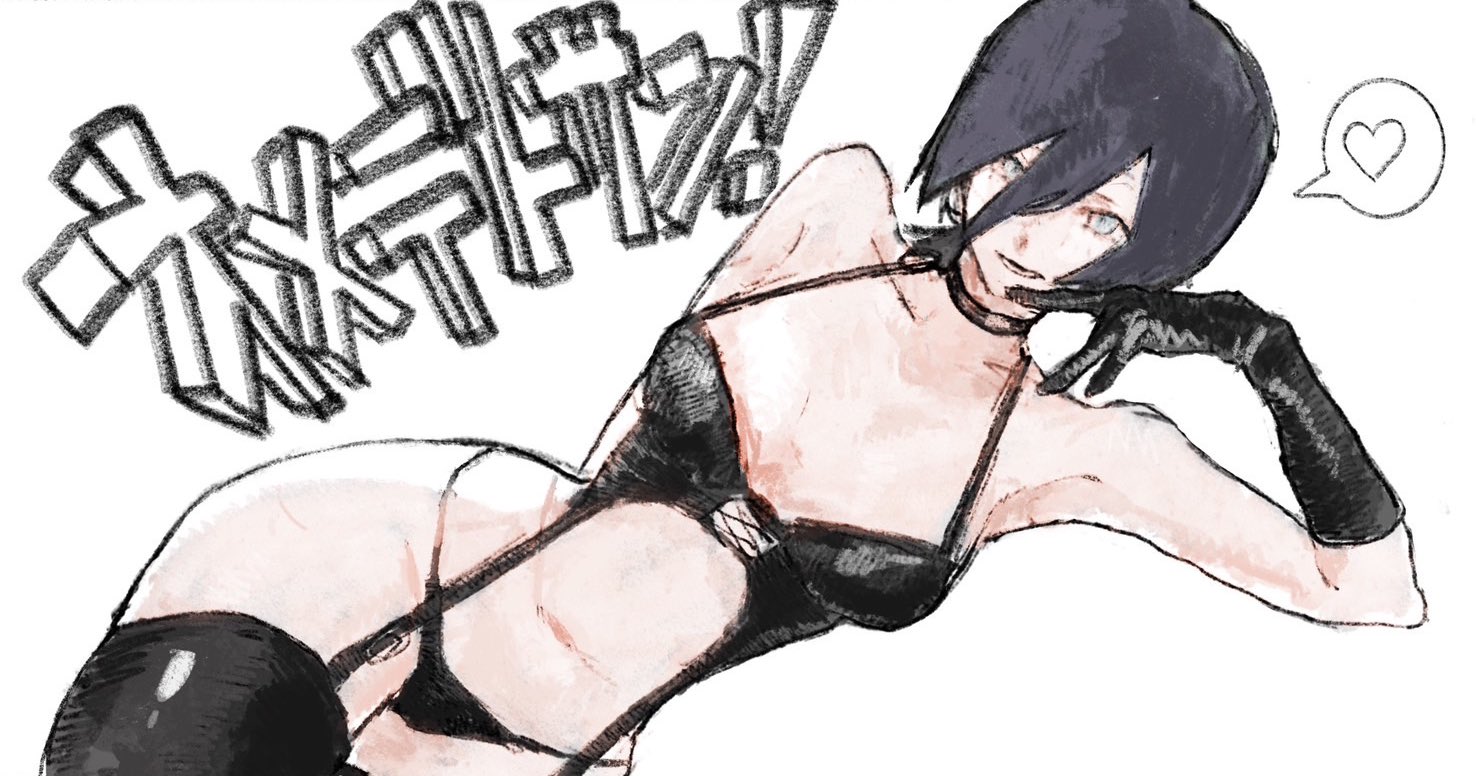 reze (chainsaw man), chainsaw man, translation request, 1girl, 25dpz, black bra, black choker, black gloves, black hair, black panties, black thighhighs, bra, breasts, choker, garter straps, gloves, grey eyes, hair between eyes, heart, looking at viewer, panties, small breasts, solo, speech bubble, spoken heart, thighhighs, underwear