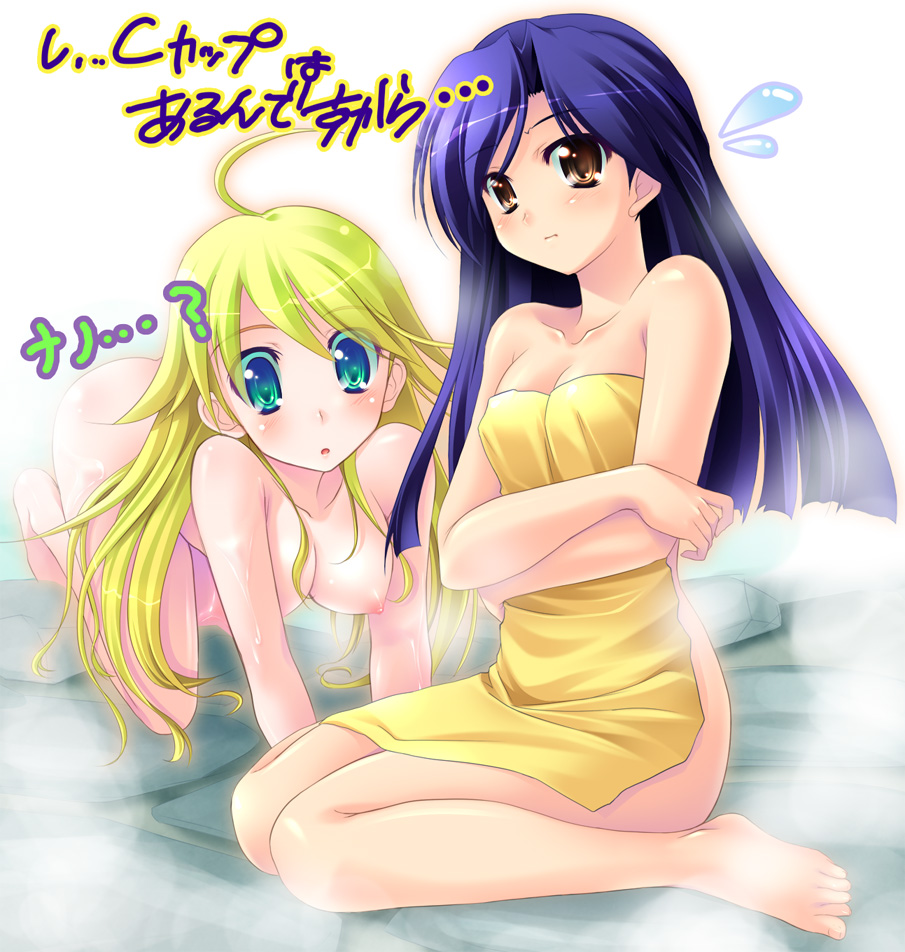 kamishiro mai (artist), kamishiro mai (capti-no), hoshii miki, kisaragi chihaya, idolmaster, idolmaster (classic), idolmaster 1, 00s, 2girls, ahoge, all fours, barefoot, bent over, blonde hair, blue hair, breasts, brown eyes, green eyes, long hair, multiple girls, naked towel, nipples, nude, onsen, sitting, topless female, towel