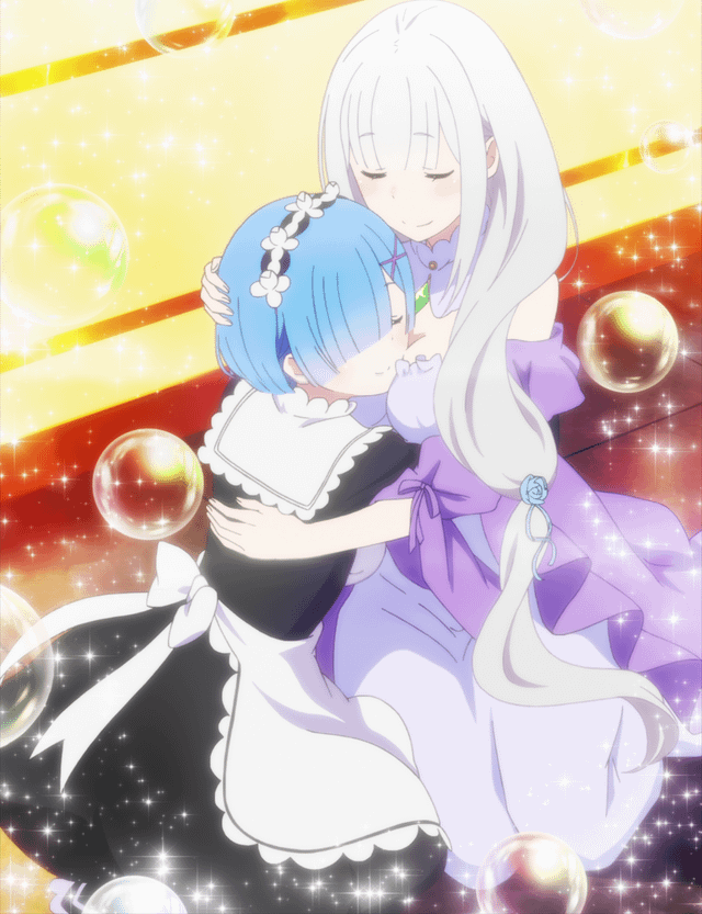 emilia (re:zero), rem (re:zero), re:zero kara hajimeru isekai seikatsu, non-web source, official art, 2girls, bare shoulders, blue hair, braid, breasts, crown braid, detached sleeves, dress, flower, frills, grey hair, hair flower, hair ornament, hair over one eye, hair ribbon, long hair, maid headdress, medium breasts, multiple girls, pointy ears, purple eyes, ribbon, roswaal mansion maid uniform, short hair, thighhighs, white flower, white hair, x hair ornament