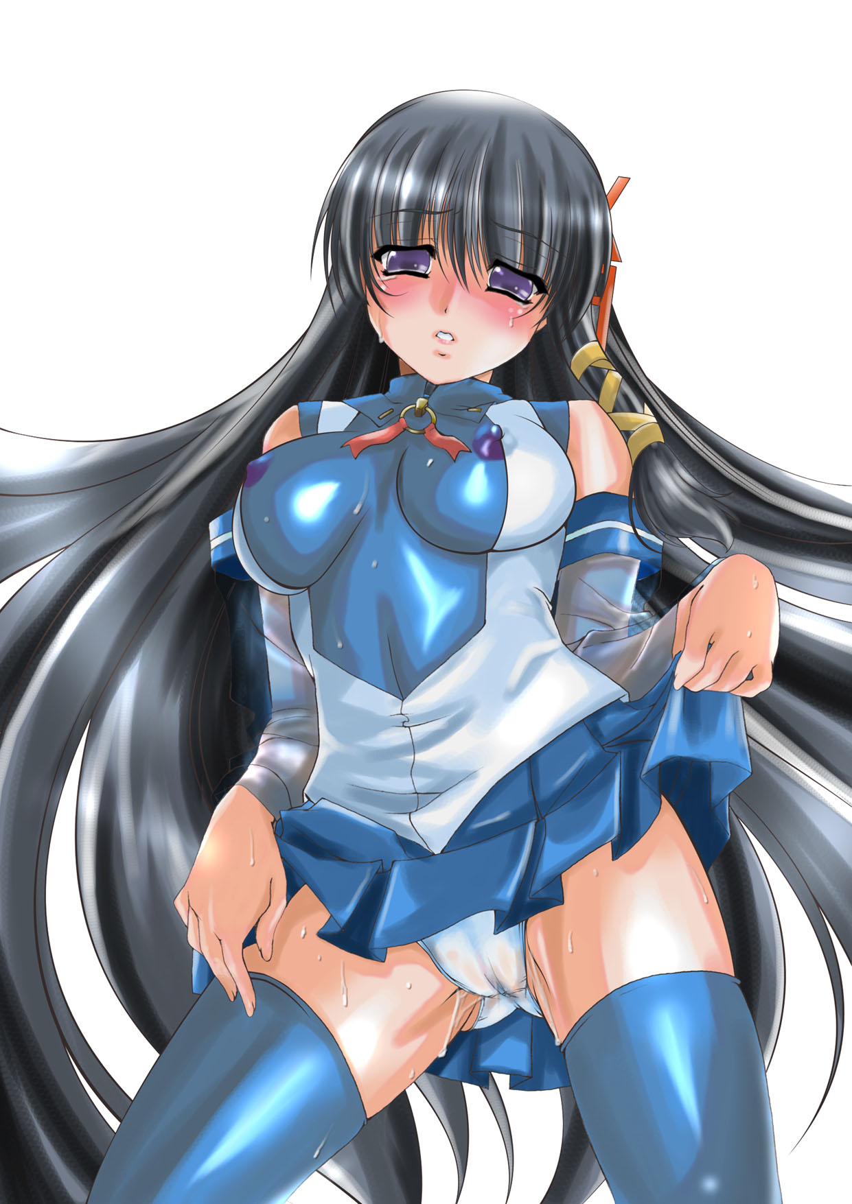 xp-tan, os-tan, highres, 1girl, black hair, blue skirt, blush, breasts, cameltoe, clothes lift, covered erect nipples, female focus, large breasts, panties, purple eyes, see-through clothes, skirt, skirt lift, solo, tears, thighhighs, underwear, wet, wet clothes, wet panties, white panties