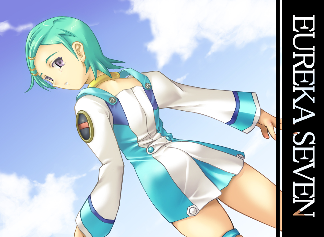 kamishiro mai (artist), kamishiro mai (capti-no), eureka (eureka seven), eureka seven, eureka seven (series), 00s, 1girl, ass, back, female focus, green hair, hair ornament, hairclip, looking back, outdoors, purple eyes, sky, solo, thigh strap