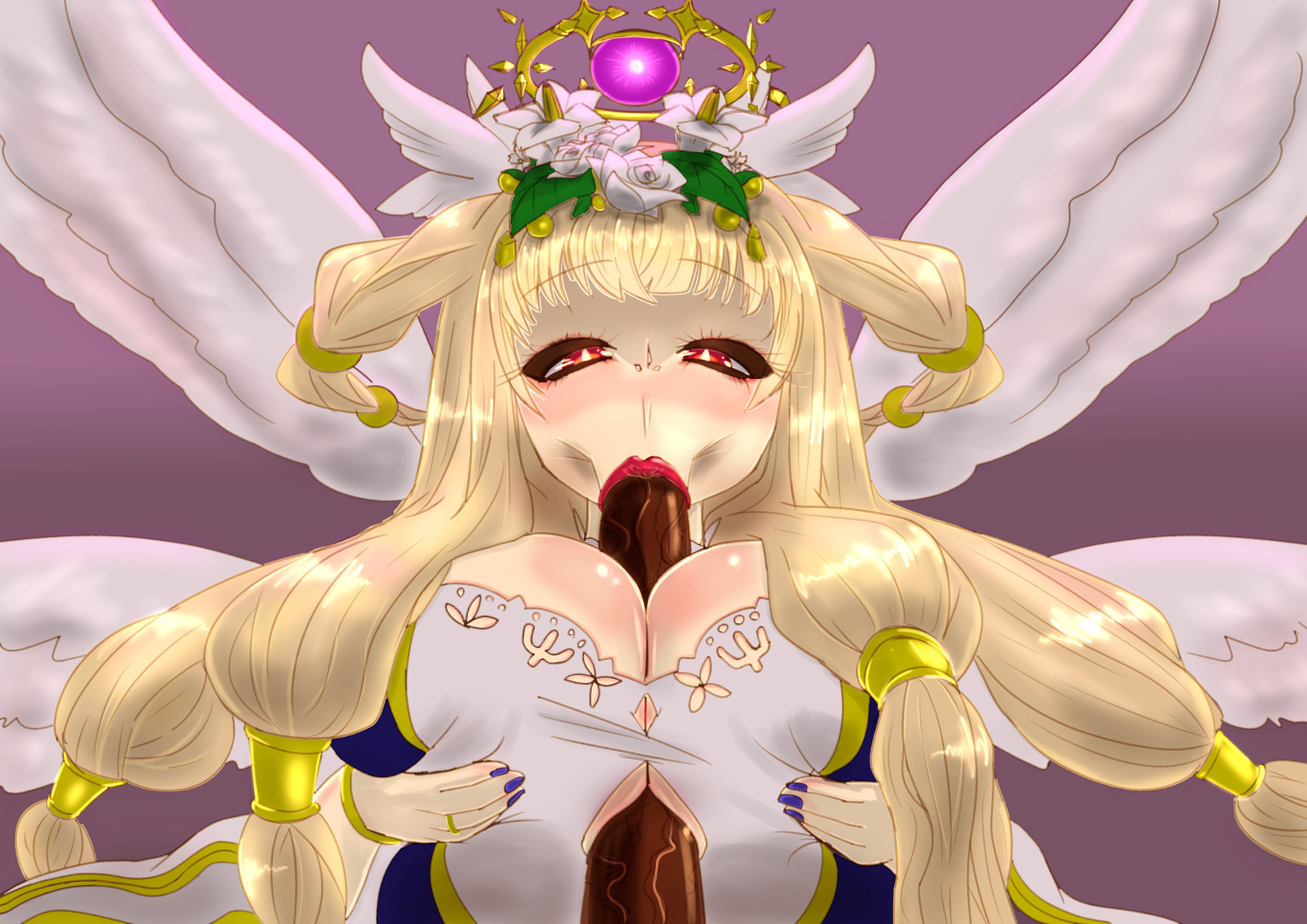 chaos therese (grimms notes), grimms notes, absurdres, highres, 1girl, :>=, angel, blonde hair, breasts, grabbing own breast, half-closed eyes, halo, huge breasts, huge penis, kuasu02, long hair, multiple wings, paizuri, penis, purple background, red eyes, solo focus, upper body, wings