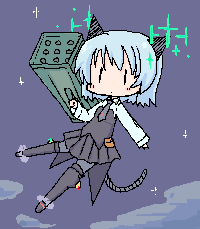sanya v. litvyak, strike witches, world witches series, silver hair, lowres, 00s, 1girl, animal ears, cat ears, cat girl, cat tail, female focus, flying, full body, necktie, outdoors, rocket launcher, short hair, sky, solo, striker unit, tail, weapon