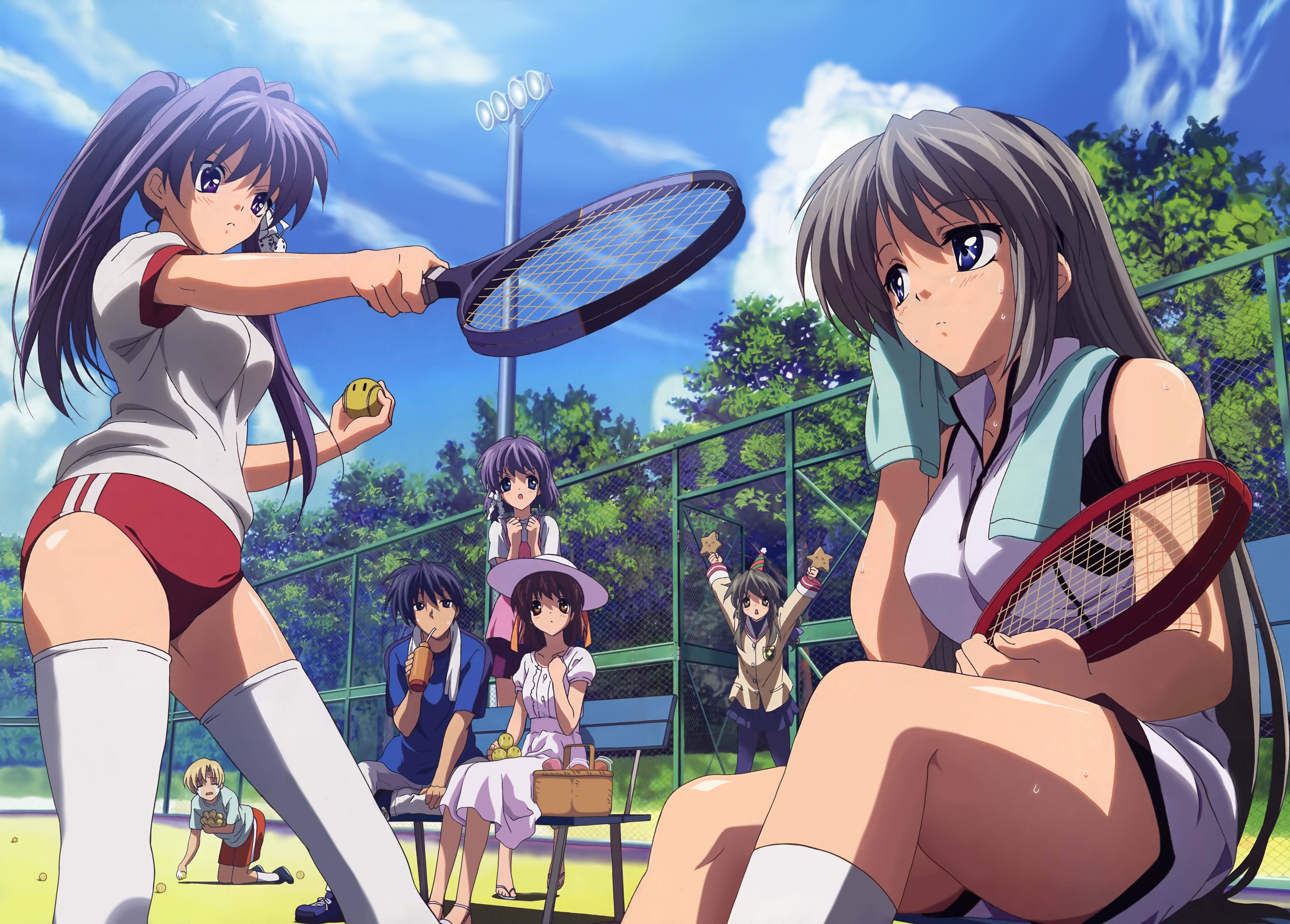 takahashi mariko, fujibayashi kyou, fujibayashi ryou, furukawa nagisa, ibuki fuuko, okazaki tomoya, sakagami tomoyo, sunohara youhei, clannad, dango daikazoku, highres, non-web source, official art, 00s, 5girls, blonde hair, blue eyes, blue hair, brown eyes, brown hair, day, double vertical stripe, dress, grey hair, gym uniform, hat, long hair, multiple girls, ponytail, purple eyes, purple hair, racket, short hair, siblings, sisters, sportswear, sundress, tennis racket, tennis uniform, thighhighs, twins, twintails, very long hair