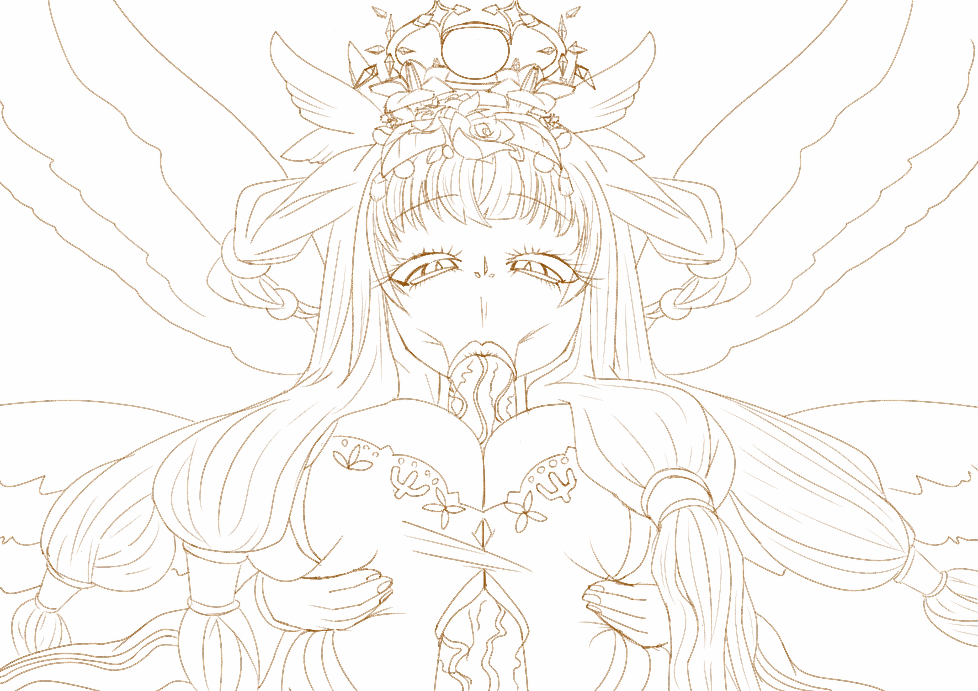chaos therese (grimms notes), grimms notes, absurdres, highres, unfinished, 1girl, :>=, angel, breasts, halo, huge breasts, kuasu02, lineart, long hair, monochrome, multiple wings, paizuri, penis, solo focus, upper body, wings
