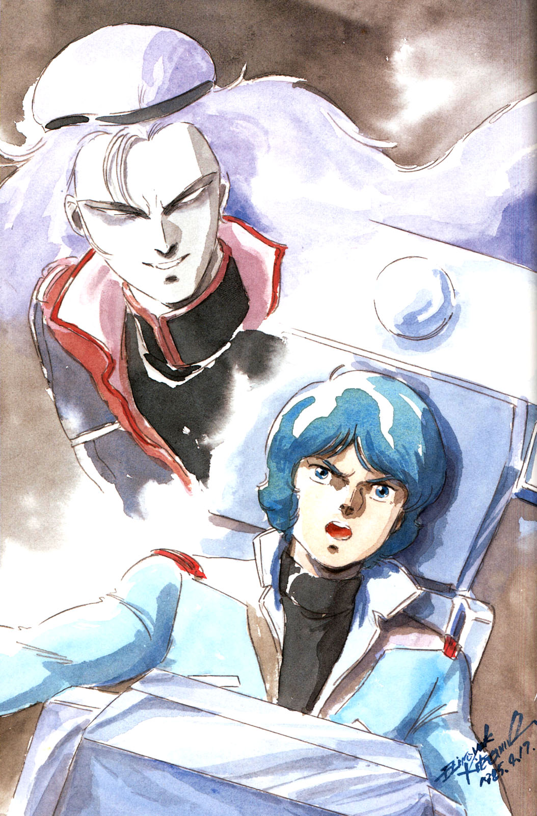 kitazume hiroyuki, kamille bidan, paptimus scirocco, gundam, zeta gundam, 1980s (style), highres, 2boys, male focus, multiple boys, retro artstyle, upper body