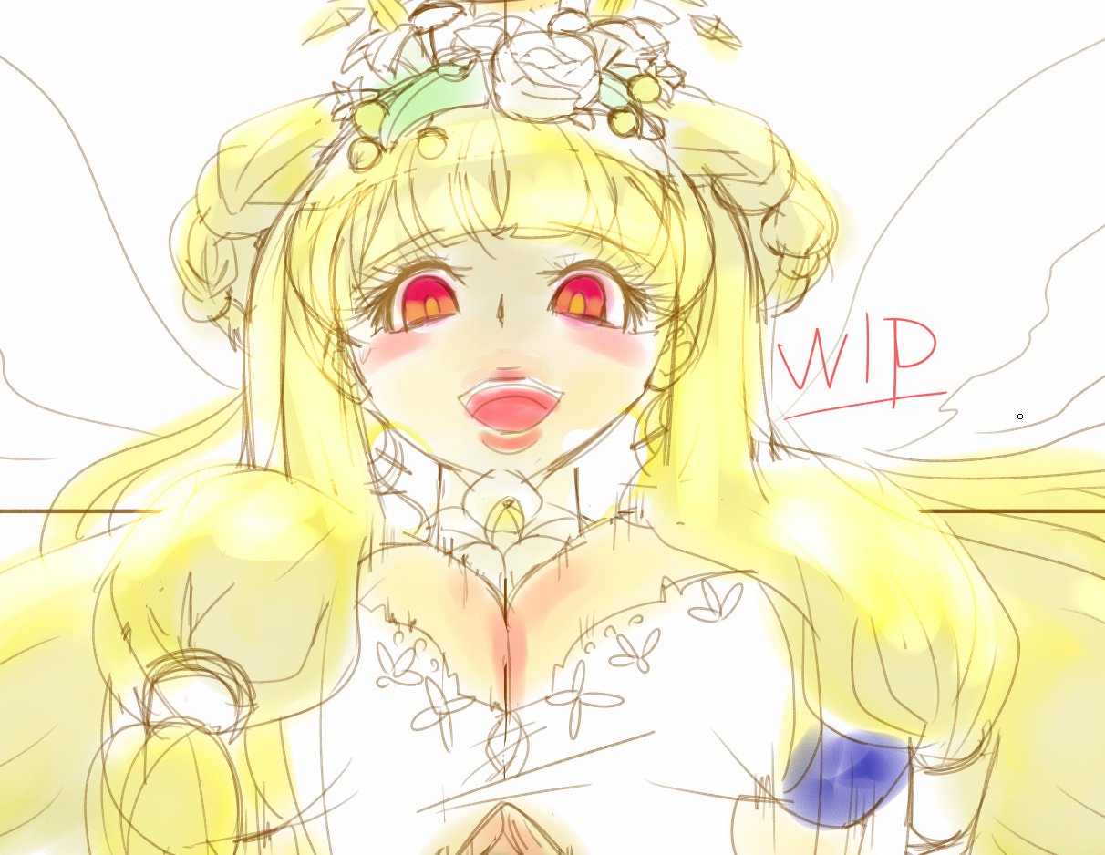 chaos therese (grimms notes), grimms notes, unfinished, 1girl, angel, blonde hair, breasts, huge breasts, kuasu02, long hair, looking at viewer, multiple wings, open mouth, red eyes, sketch, solo, upper body, wings