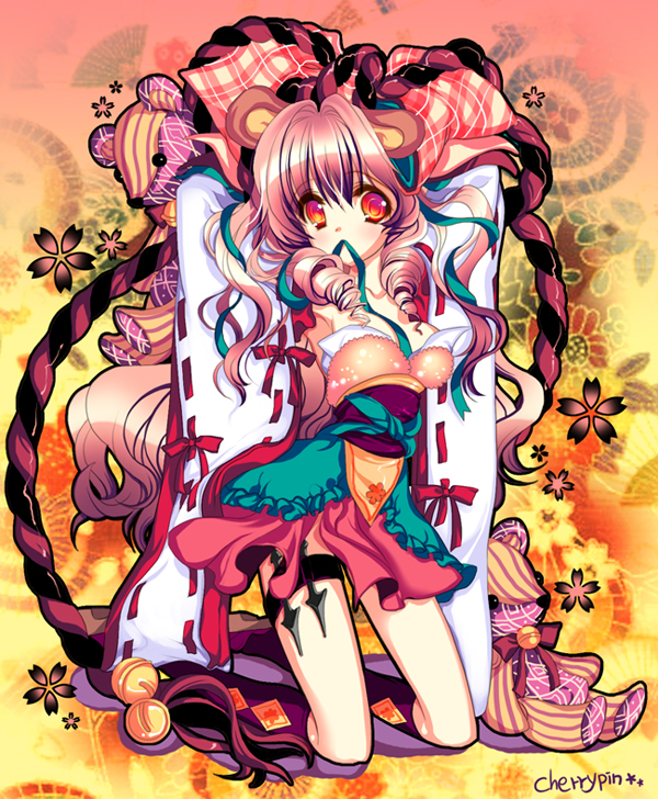 cherrypin, original, 1girl, animal ears, bell, detached sleeves, drill hair, female focus, hair ribbon, jingle bell, kneeling, long hair, mouth hold, obi, orange eyes, pink hair, ribbon, sash, solo, tail, thigh strap