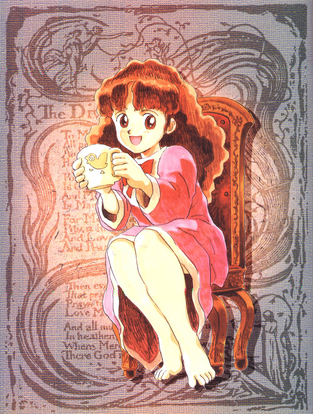 akai takami, olive oyl (princess maker 2), princess maker (series), princess maker 2, highres, 1girl, barefoot, blush, brown eyes, brown hair, chair, dress, drink, holding cup, long hair, long sleeves, looking at viewer, open mouth, pink dress, sitting, smile