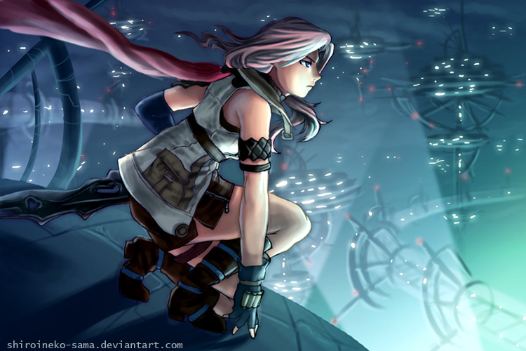 shiroineko-sama, lightning farron, final fantasy, final fantasy xiii, 10s, 1girl, asymmetrical clothes, blue eyes, elbow gloves, female focus, gloves, kneeling, miniskirt, on one knee, pink hair, single elbow glove, single glove, skirt, solo, sword, weapon