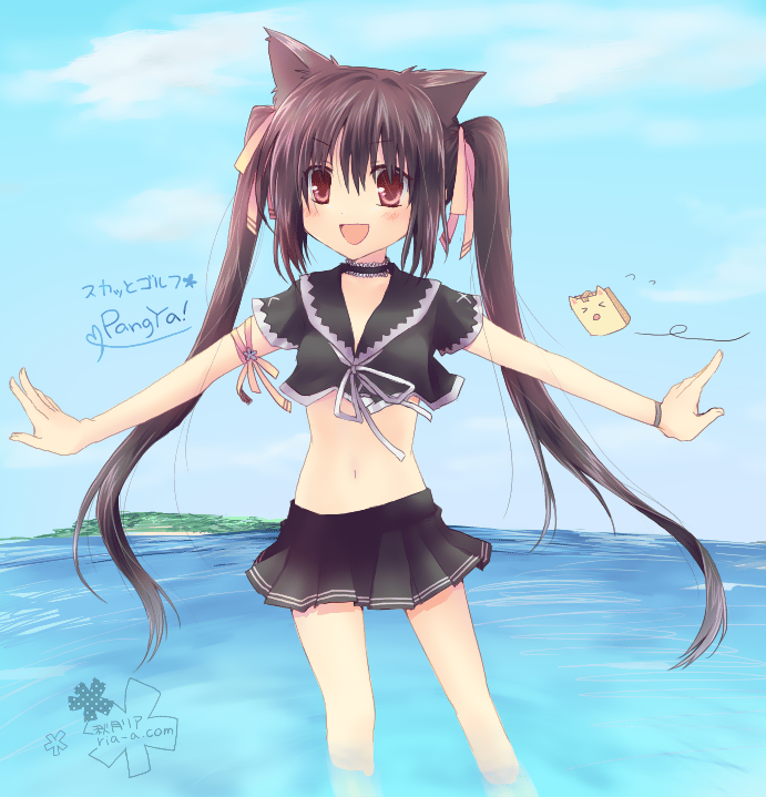 kooh (pangya), papel (pangya), pangya, bad id, bad pixiv id, 1girl, animal ears, black hair, cat ears, day, female focus, long hair, ocean, outdoors, red eyes, ribbon, skirt, sky, smile, solo, twintails