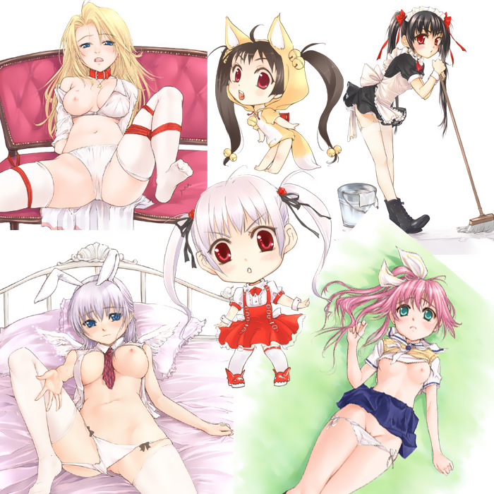 hana, arin (pangya), cecilia, cecilia (pangya), hana (pangya), kooh (pangya), pangya, 4girls, angel wings, animal ears, bdsm, bell, blonde hair, blue eyes, bondage, bound, breasts, chibi, collar, fake animal ears, fox ears, green eyes, long hair, maid, multiple girls, pink hair, ponytail, rabbit ears, ribbon, rope, slave, socks, thighhighs, twintails, white hair, wings