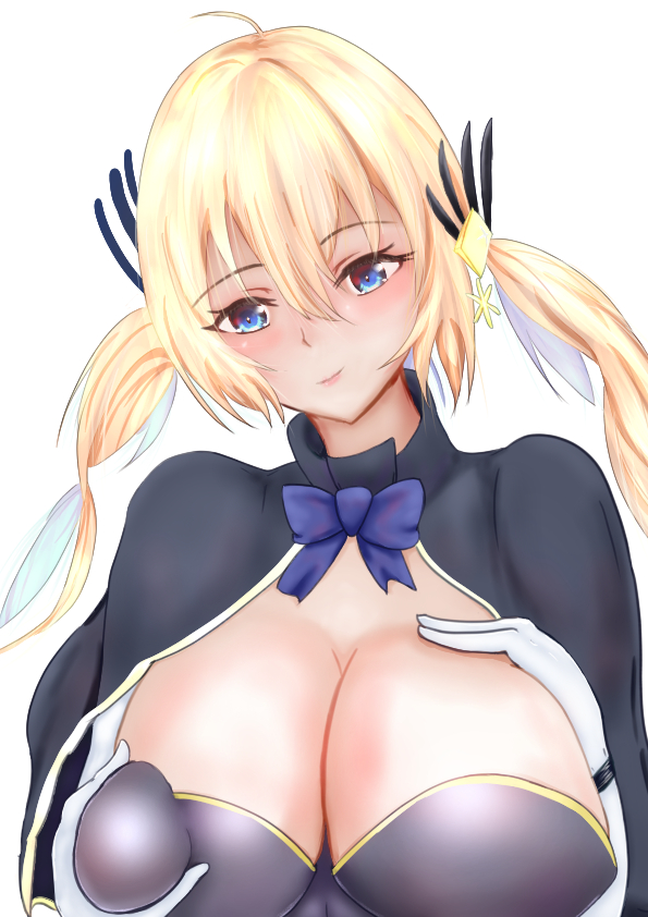 chaos gerda (gakuen) (grimms notes), chaos gerda (grimms notes), grimms notes, grimms notes gakuen, bad id, bad twitter id, 1girl, blonde hair, breasts, capelet, closed mouth, grabbing own breast, huge breasts, no headwear, smile, solo, twintails, upper body, utqeq3nplqycu3x