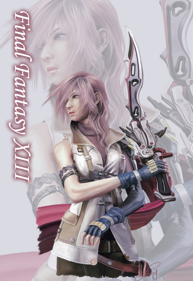 lightning farron, final fantasy, final fantasy xiii, 10s, 1girl, blue eyes, copyright name, elbow gloves, female focus, gloves, miniskirt, pink hair, skirt, solo