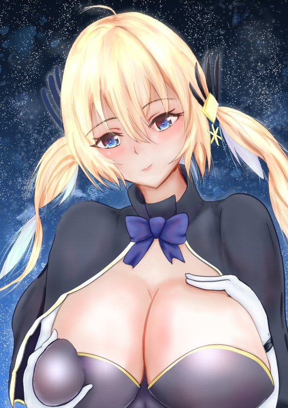 chaos gerda (gakuen) (grimms notes), chaos gerda (grimms notes), grimms notes, grimms notes gakuen, bad id, bad twitter id, blonde hair, breasts, capelet, closed mouth, grabbing own breast, huge breasts, no headwear, smile, twintails, upper body, utqeq3nplqycu3x