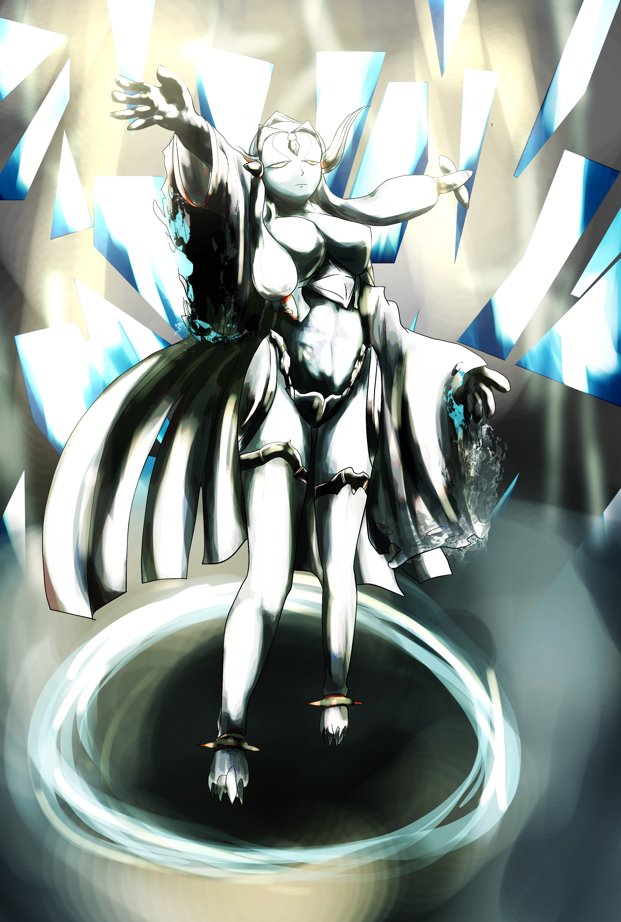 stealcave3, mirror plate fiend (grimms notes), grimms notes, absurdres, highres, 1girl, arm up, breasts, colored skin, grey hair, looking up, mirror, monster girl, solo, standing, white skin