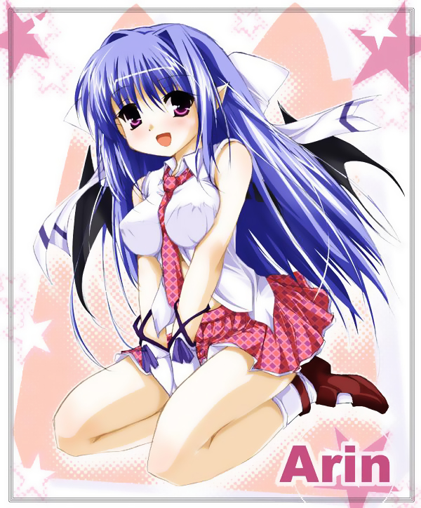 arin (pangya), pangya, bat wings, blue hair, blush, bow, gloves, legs, long hair, purple eyes, ribbon, skirt, smile, solo, wings