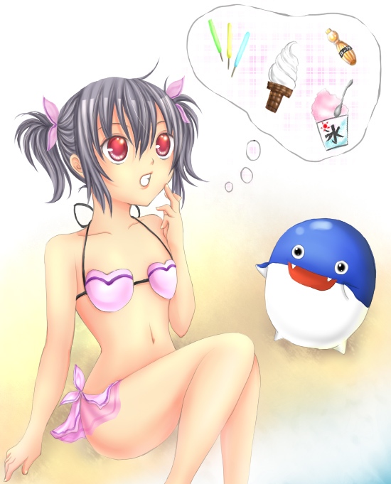 dolfini (pangya), kooh (pangya), pangya, bikini, black hair, food, red eyes, short hair, swimsuit, twintails