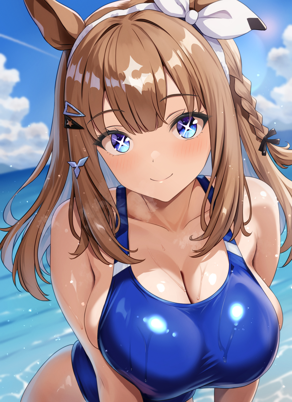 asanagi shion, almond eye (umamusume), umamusume, highres, 1girl, animal ears, bare shoulders, blue eyes, blue one-piece swimsuit, blush, braid, breasts, brown hair, cleavage, hairband, horse ears, horse girl, large breasts, long hair, looking at viewer, multicolored hair, one-piece swimsuit, smile, solo, swimsuit