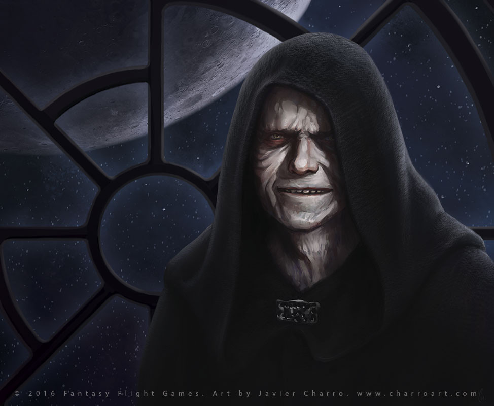 javier charro, palpatine, star wars, star wars: return of the jedi, 1boy, artist name, black hood, black robe, colored skin, grey skin, grin, hooded robe, looking at viewer, robe, smile, solo, space, upper body, watermark, web address, window