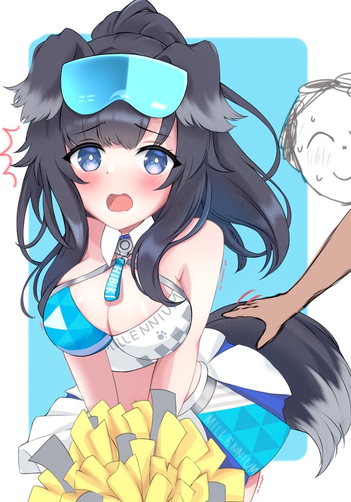 tenshoo, doodle sensei (blue archive), hibiki (blue archive), hibiki (cheer squad) (blue archive), sensei (blue archive), blue archive, commentary, 1boy, 1girl, ^^^, animal ears, bare shoulders, black hair, blue background, blue eyes, blunt bangs, blush, breasts, bright pupils, cheerleader, cleavage, cowboy shot, detached collar, dog ears, dog girl, dog tail, eyelashes, eyes visible through hair, floppy ears, furrowed brow, goggles, goggles on head, holding, holding another's tail, holding pom poms, large breasts, long hair, looking at viewer, millennium cheerleader outfit (blue archive), miniskirt, motion lines, official alternate costume, official alternate hairstyle, open mouth, paw print, pleated skirt, pom pom (cheerleading), pom poms, ponytail, sidelocks, simple background, skirt, solo focus, sports bra, surprised, sweatdrop, tail, tongue, v arms, white pupils, white skirt