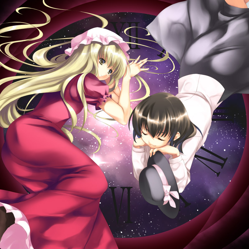ayase hazuki, maribel hearn, usami renko, ghostly field club, touhou, 2girls, blonde hair, bow, brown hair, clock, closed eyes, dress, expressionless, female focus, hat, hat bow, head rest, light smile, long hair, long sleeves, lying, multiple girls, night, night sky, on stomach, red dress, ribbon, short hair, short sleeves, skirt, sky, star (sky), starry sky, unworn hat, unworn headwear
