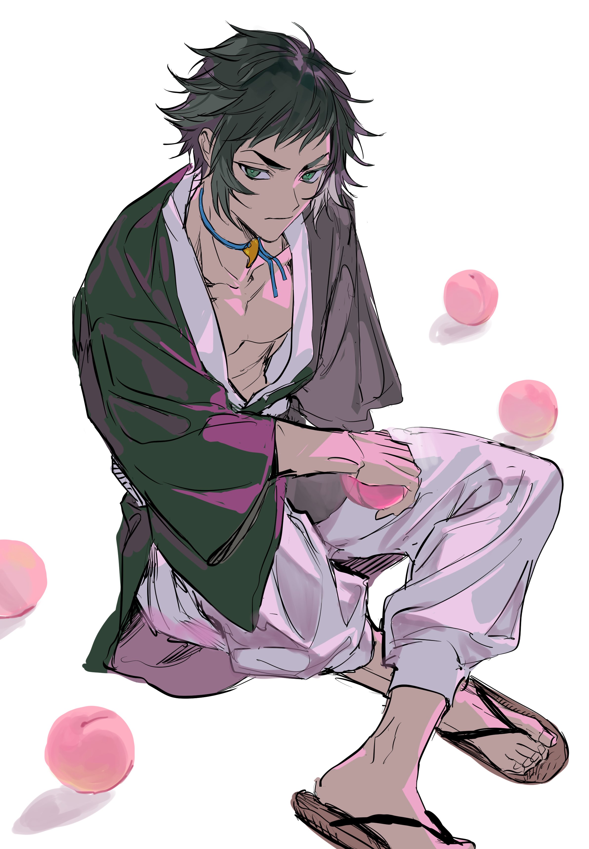 kaigaku, kimetsu no yaiba, absurdres, commentary, highres, symbol-only commentary, 1boy, black hair, choker, closed mouth, collarbone, donut tabetai, flipped hair, food, fruit, full body, green eyes, holding, holding food, holding fruit, japanese clothes, kimono, looking at viewer, male focus, muscular, muscular male, open clothes, open kimono, pants, peach, sandals, short bangs, short hair, sidelocks, simple background, sitting, solo, white background, white pants